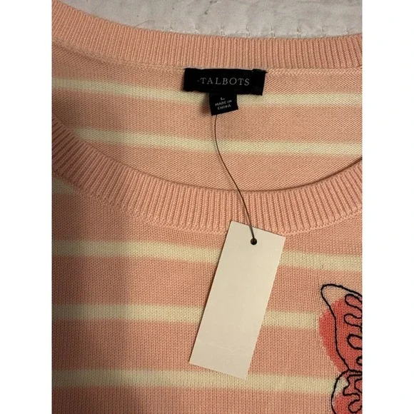 Talbots Crew Neck Pink And White Striped Sweater With Butterfly Embroidery, L - Picture 2 of 9